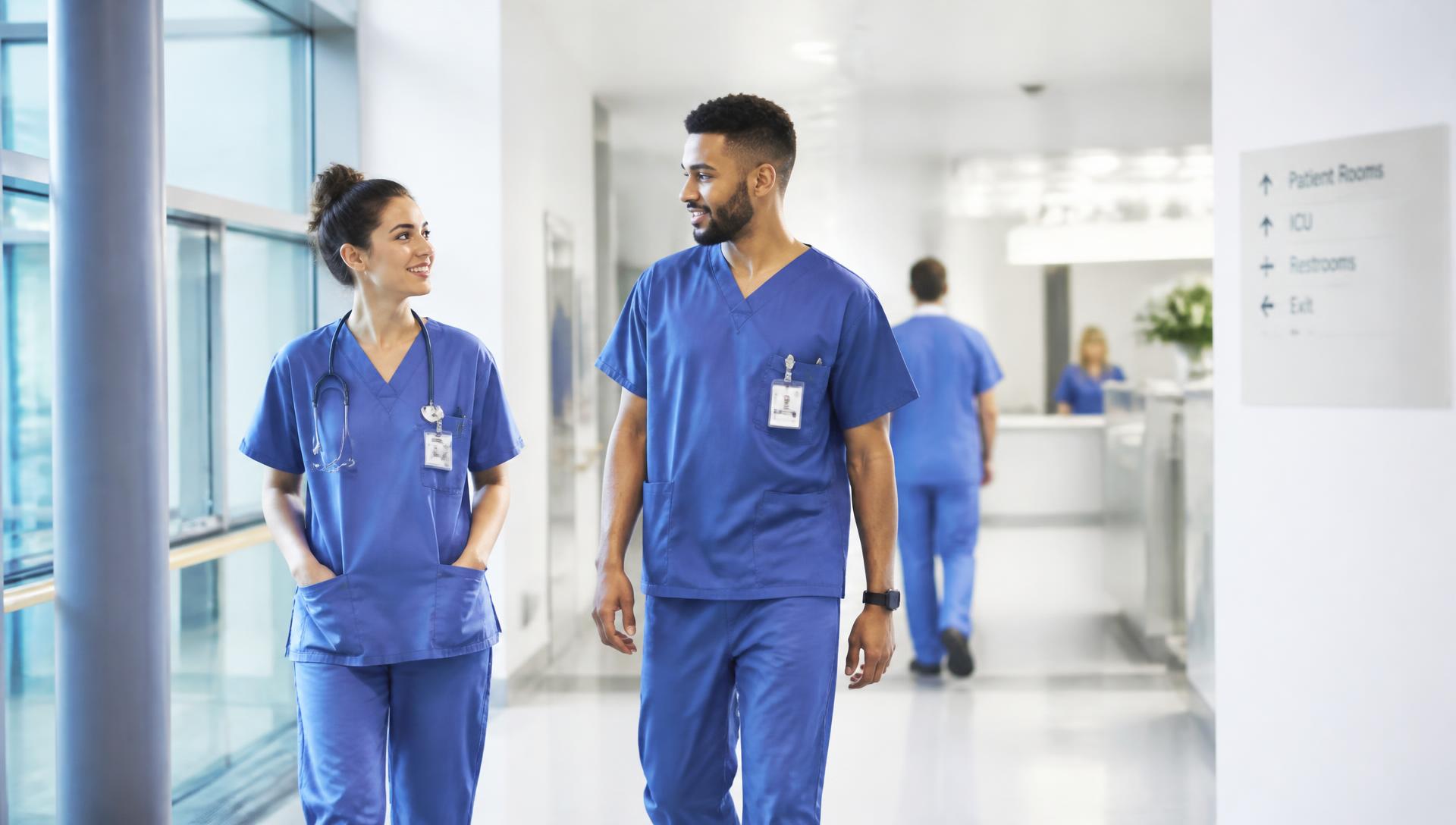 Healthcare professionals in a modern hospital corridor